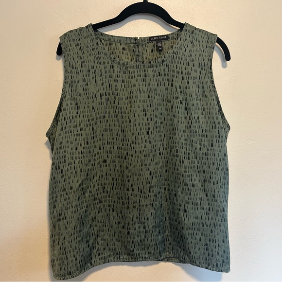 💚Eileen Fisher Silk/Cotton Sleeveless Blouse Nori Dash-Print💚 - Picture 1 of 6